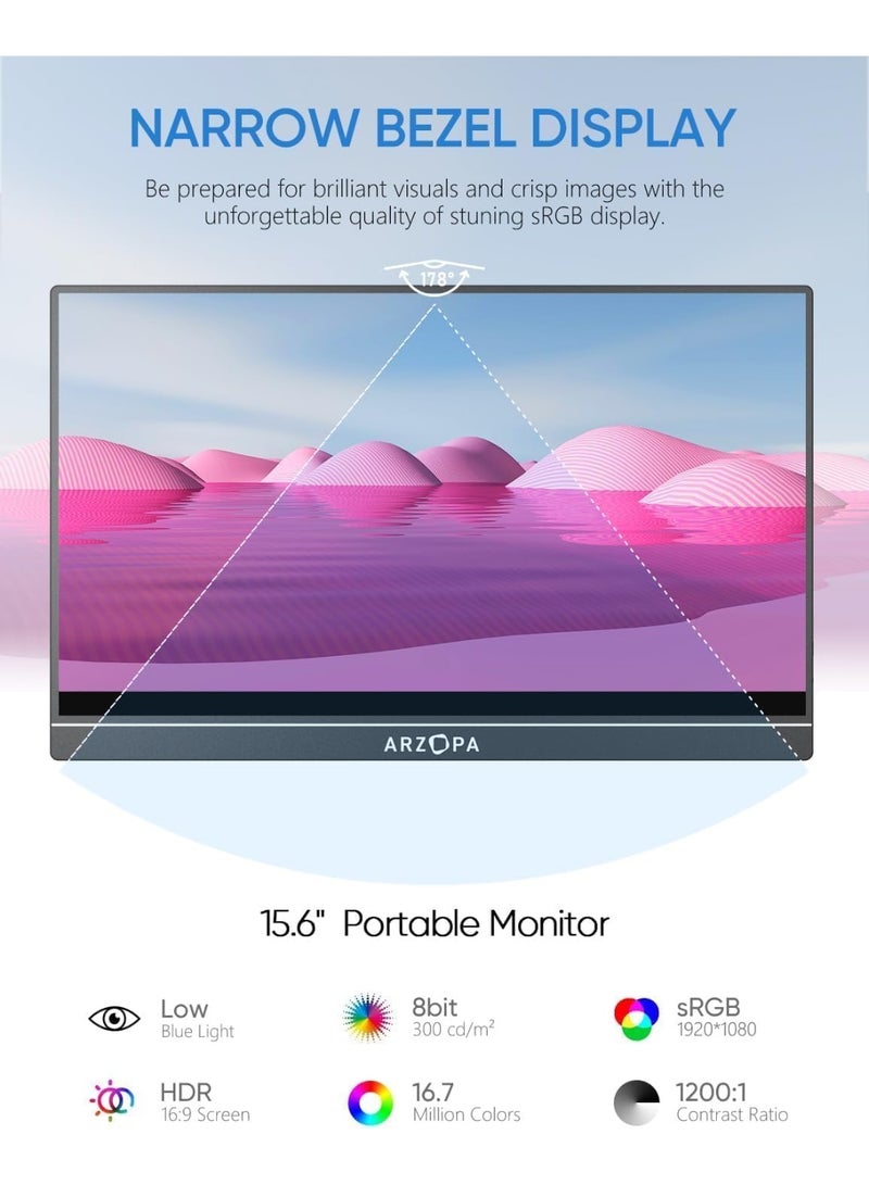 ARZOPA Portable Monitor 15.6'' FHD 1080P - Ultra-Slim Portable Laptop Monitor with Kickstand - IPS Display for PC, MAC, Phone, Xbox, PS5 - USB C & HDMI Connectivity(With Free Waterproof Monitor Sleeve Bag) - Image 3